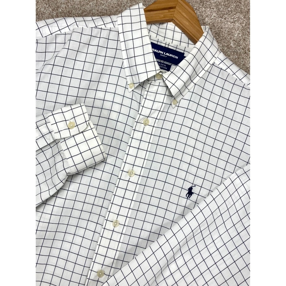 Ralph Lauren Golf Tilden Check Button Down Shirt Men XL White Blue Preppy Career